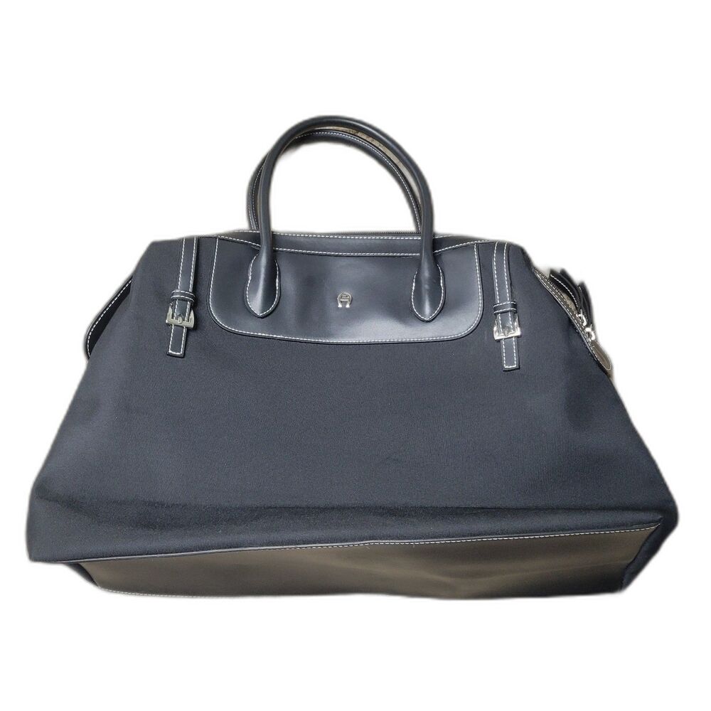 Etienne Aigner Black Canvas & Leather Handle Tote Bag Purse with Zip Closure